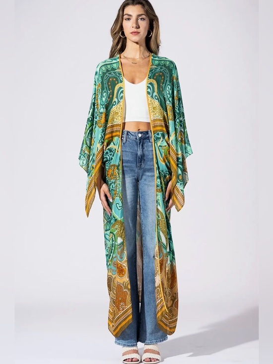 Tops - Emerald Heirloom Bohemian Green & Mustard Paisley Duster Kimono